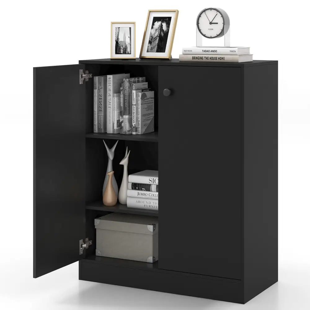 2-Door Modern Floor Storage Cabinet with 3-Tier Shelf-Black - Black - Cabinets & Chests