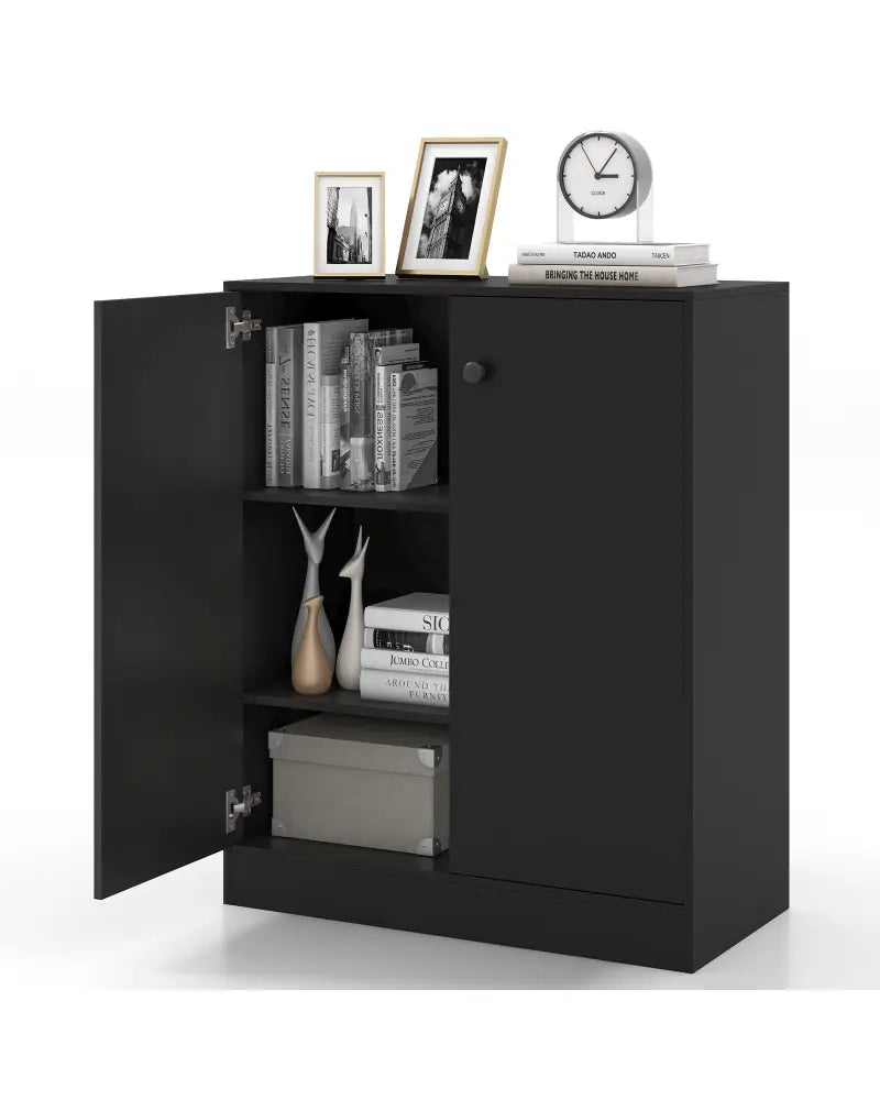 2-Door Modern Floor Storage Cabinet with 3-Tier Shelf-Black - Black - Cabinets & Chests