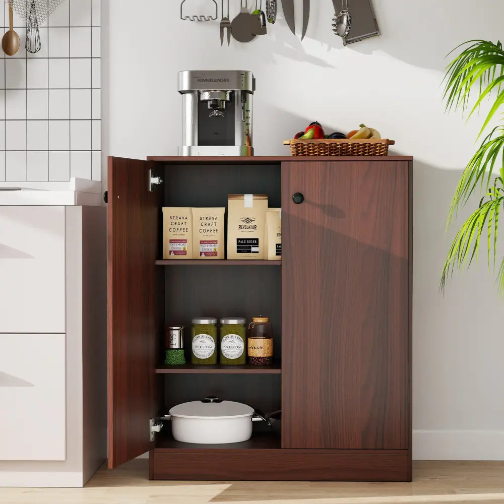 2-Door Modern Floor Storage Cabinet with 3-Tier Shelf-Brown - Brown - Cabinets & Chests