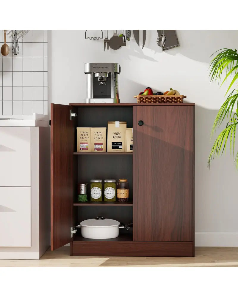 2-Door Modern Floor Storage Cabinet with 3-Tier Shelf-Brown - Brown - Cabinets & Chests