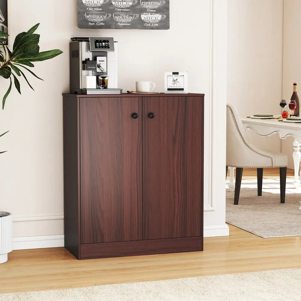 2-Door Modern Floor Storage Cabinet with 3-Tier Shelf-Brown - Brown - Cabinets & Chests