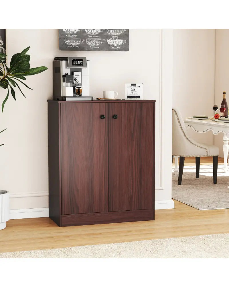 2-Door Modern Floor Storage Cabinet with 3-Tier Shelf-Brown - Brown - Cabinets & Chests