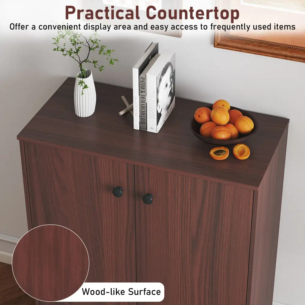 2-Door Modern Floor Storage Cabinet with 3-Tier Shelf-Brown - Brown - Cabinets & Chests