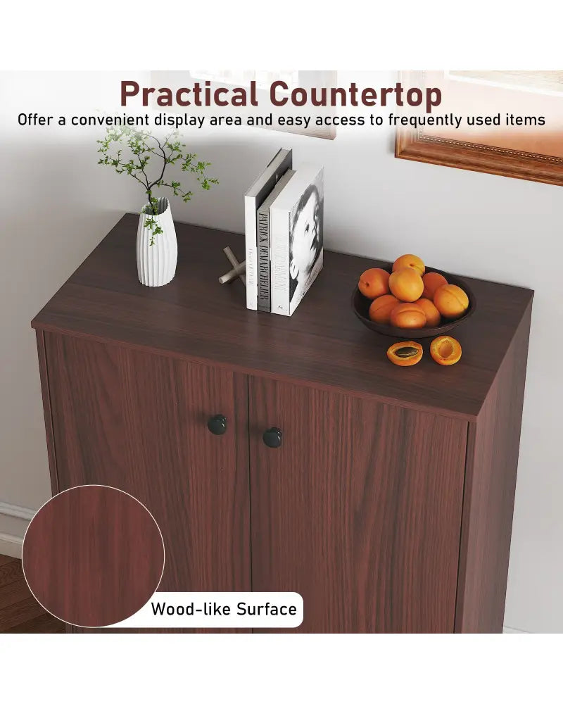 2-Door Modern Floor Storage Cabinet with 3-Tier Shelf-Brown - Brown - Cabinets & Chests