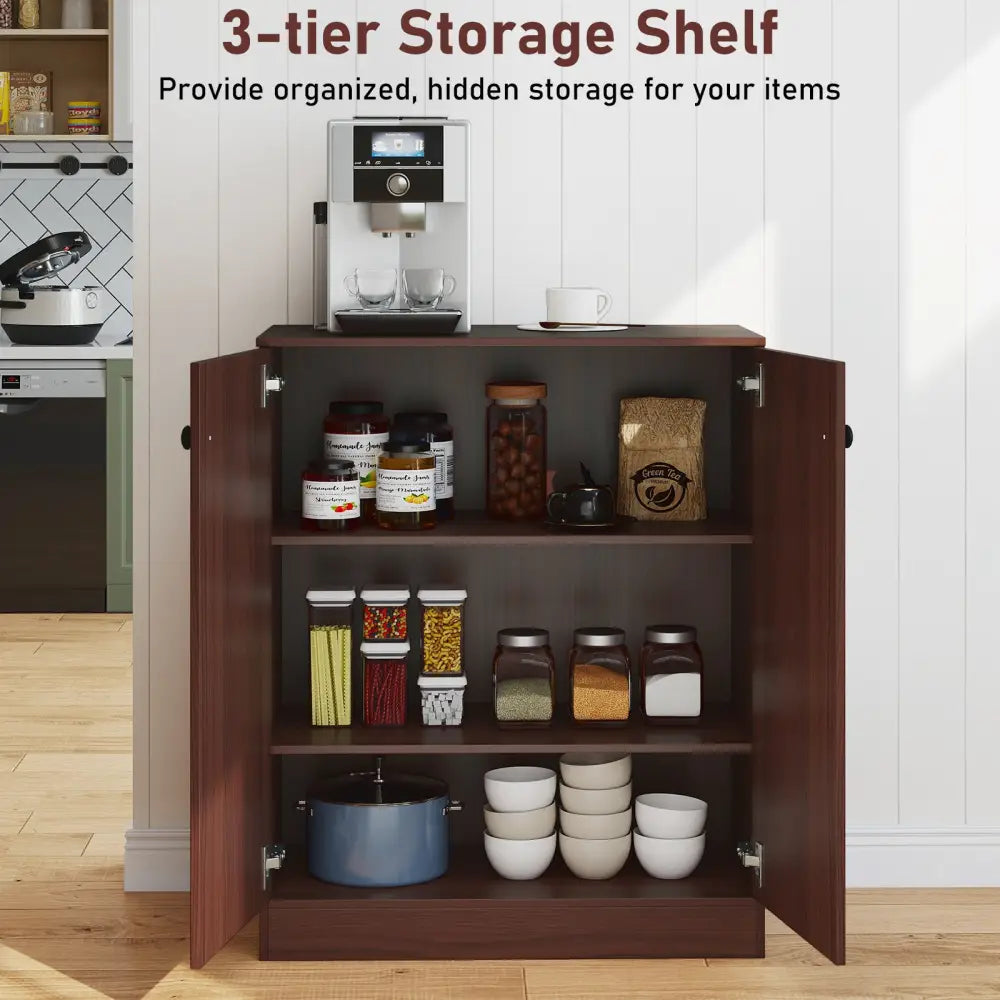 2-Door Modern Floor Storage Cabinet with 3-Tier Shelf-Brown - Brown - Cabinets & Chests