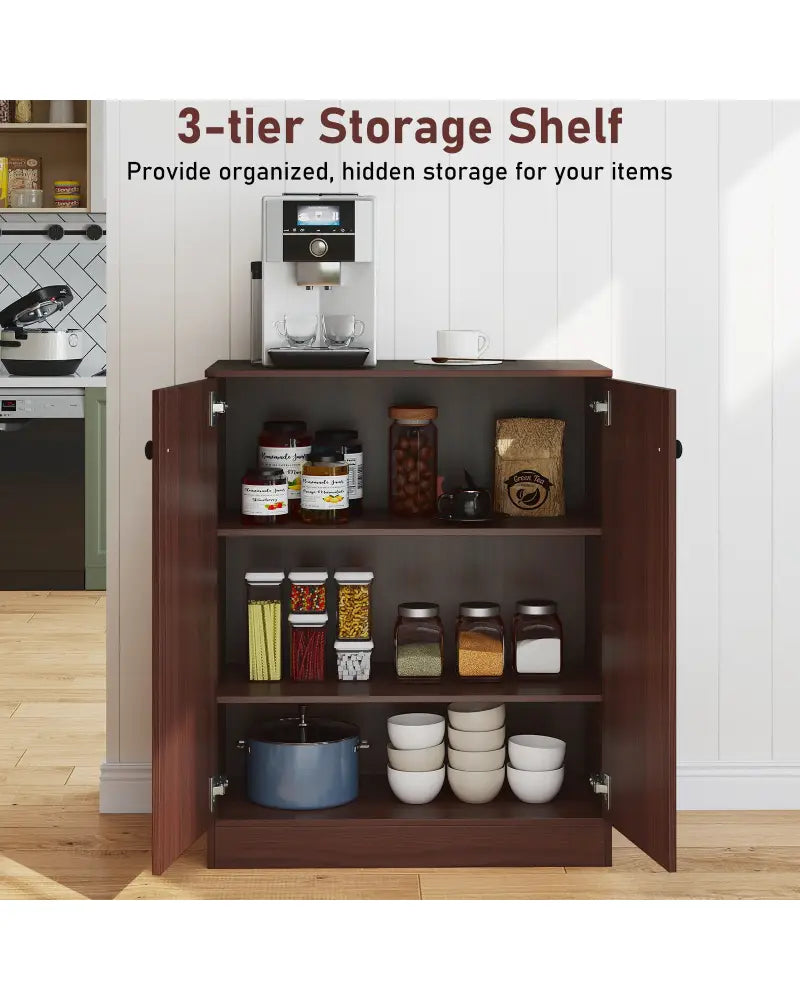 2-Door Modern Floor Storage Cabinet with 3-Tier Shelf-Brown - Brown - Cabinets & Chests
