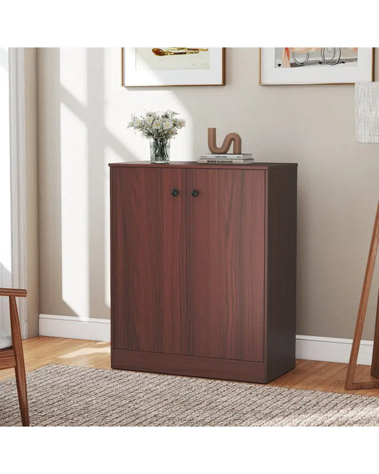 2-Door Modern Floor Storage Cabinet with 3-Tier Shelf-Brown - Brown - Cabinets & Chests