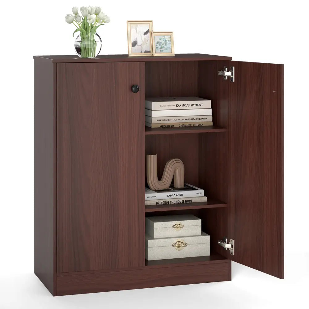 2-Door Modern Floor Storage Cabinet with 3-Tier Shelf-Brown - Brown - Cabinets & Chests