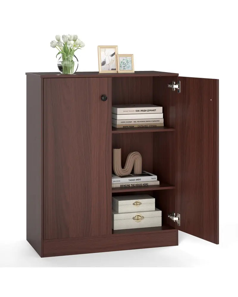 2-Door Modern Floor Storage Cabinet with 3-Tier Shelf-Brown - Brown - Cabinets & Chests