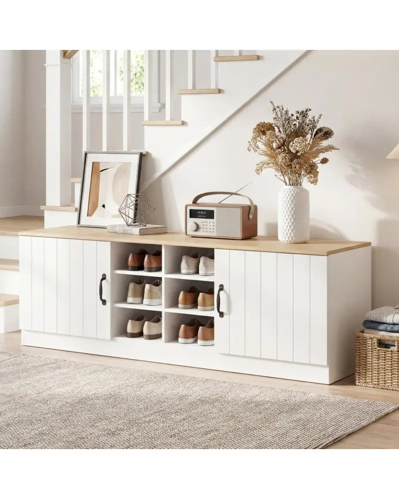 2-Door Shoe Bench Storage Cabinet with Adjustable Shelves-Natural - Natural - Shoe Racks & Storage Benches