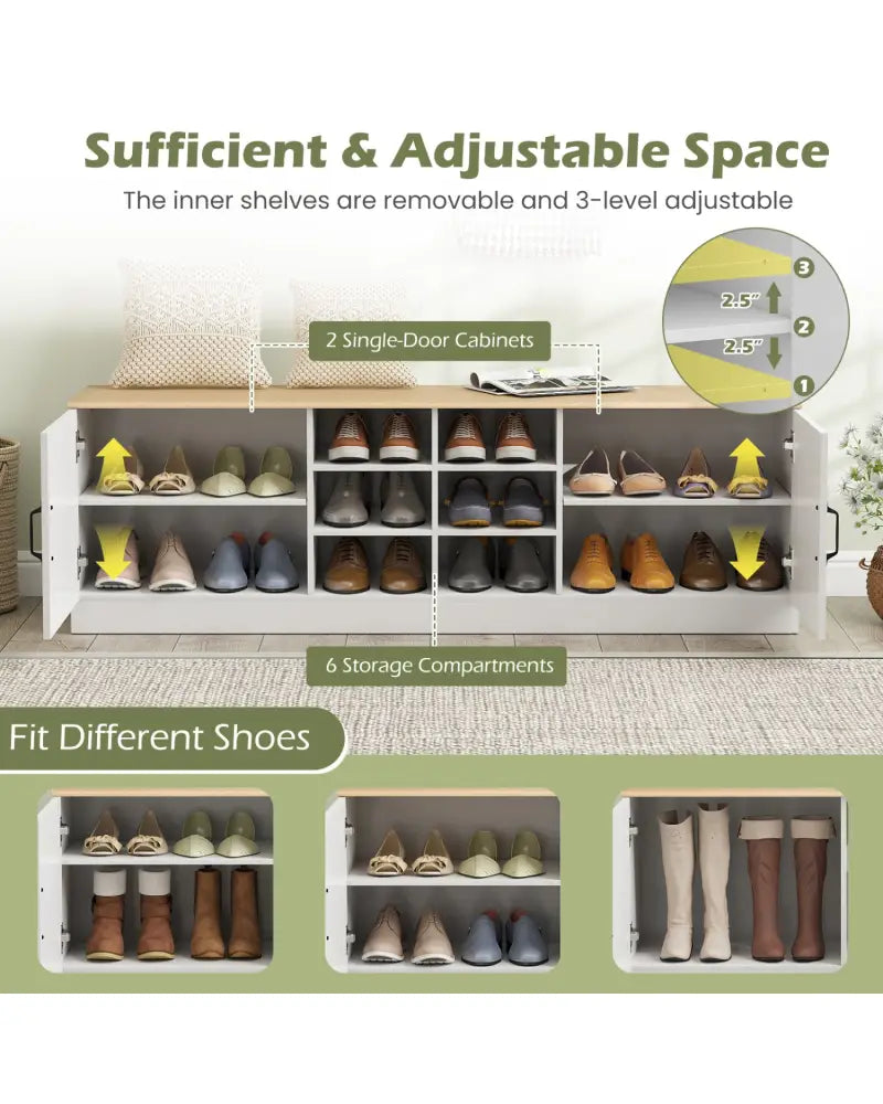 2-Door Shoe Bench Storage Cabinet with Adjustable Shelves-Natural - Natural - Shoe Racks & Storage Benches