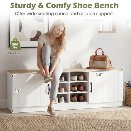 2-Door Shoe Bench Storage Cabinet with Adjustable Shelves-Natural - Natural - Shoe Racks & Storage Benches