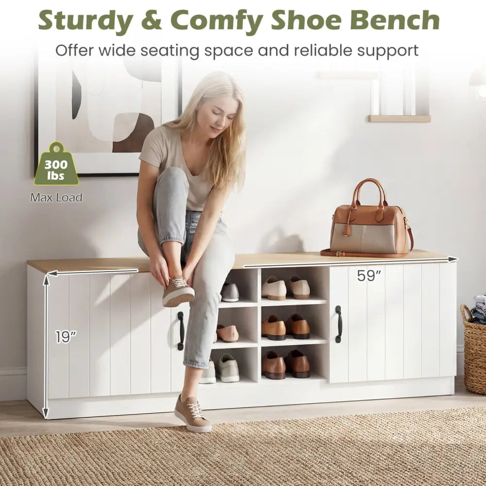 2-Door Shoe Bench Storage Cabinet with Adjustable Shelves-Natural - Natural - Shoe Racks & Storage Benches