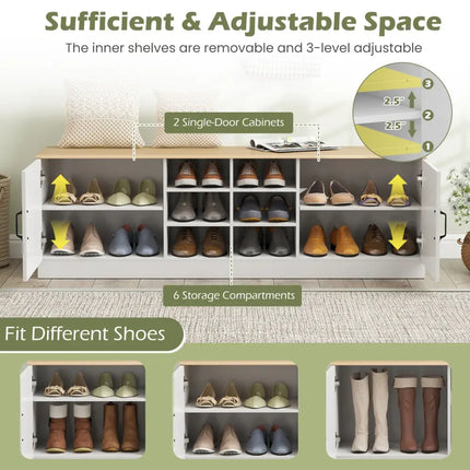 2-Door Shoe Bench Storage Cabinet with Adjustable Shelves-Natural - Natural - Shoe Racks & Storage Benches