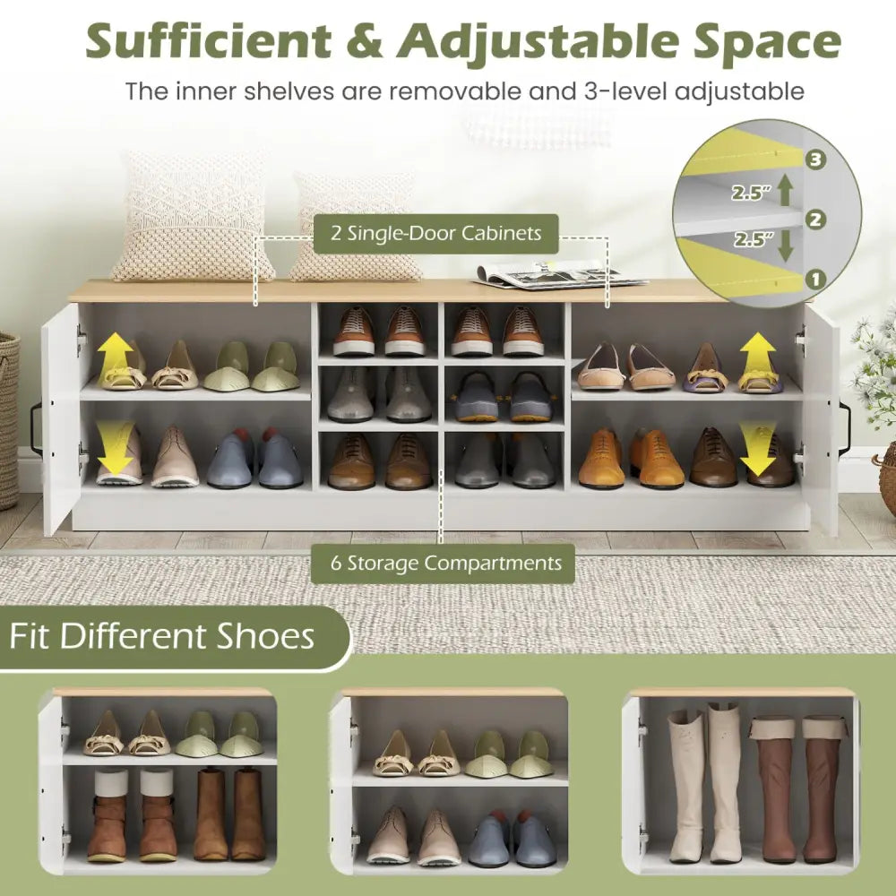 2-Door Shoe Bench Storage Cabinet with Adjustable Shelves-Natural - Natural - Shoe Racks & Storage Benches