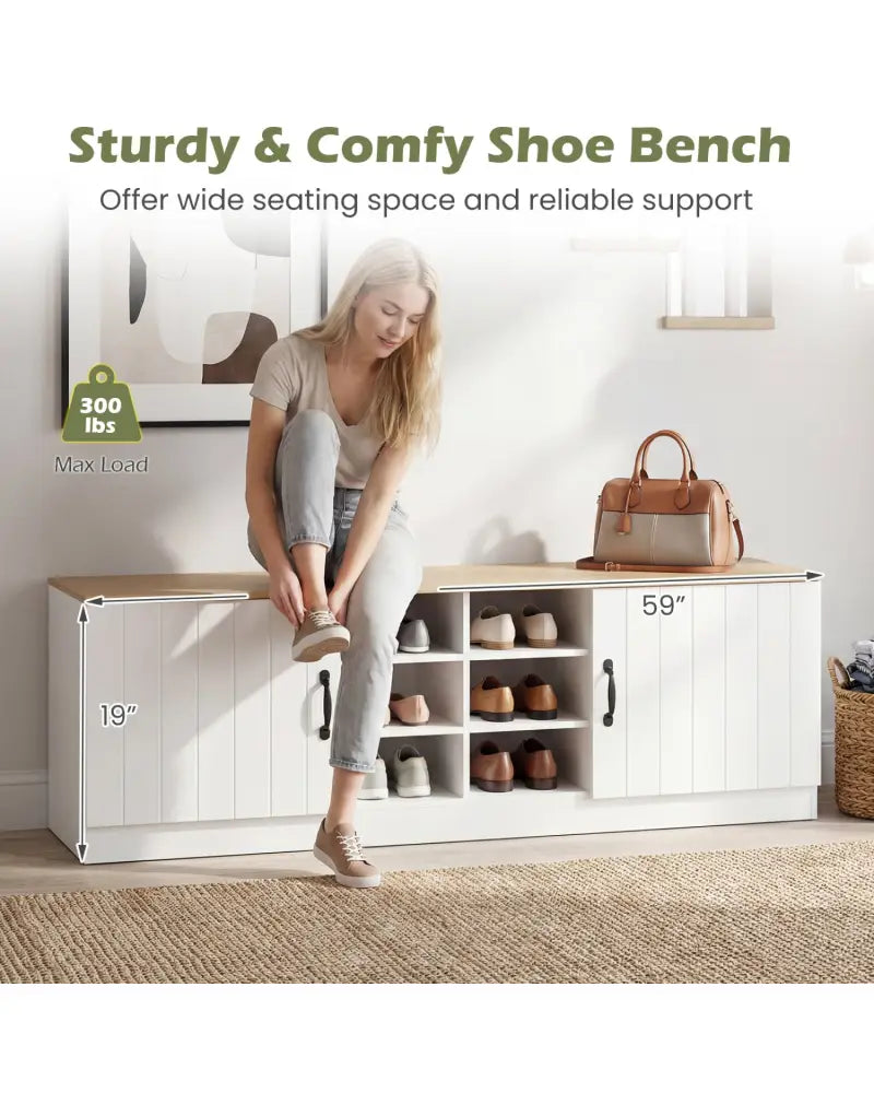2-Door Shoe Bench Storage Cabinet with Adjustable Shelves-Natural - Natural - Shoe Racks & Storage Benches
