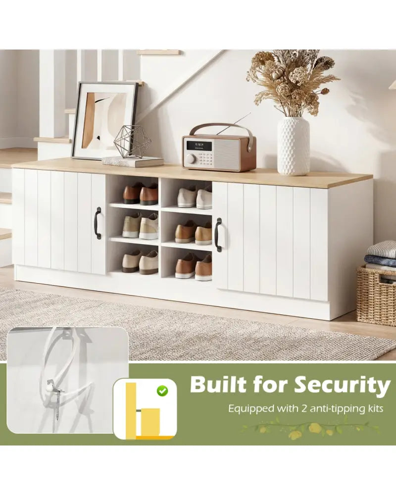 2-Door Shoe Bench Storage Cabinet with Adjustable Shelves-Natural - Natural - Shoe Racks & Storage Benches