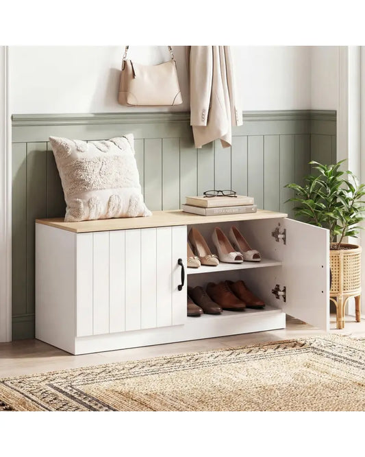2-Door Shoe Bench Shoe Storage Cabinet with Adjustable Shelves-Natural - Natural - Shoe Racks & Storage Benches