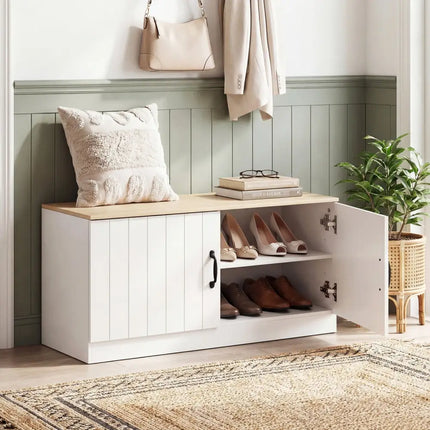 2-Door Shoe Bench Shoe Storage Cabinet with Adjustable Shelves-Natural - Natural - Shoe Racks & Storage Benches