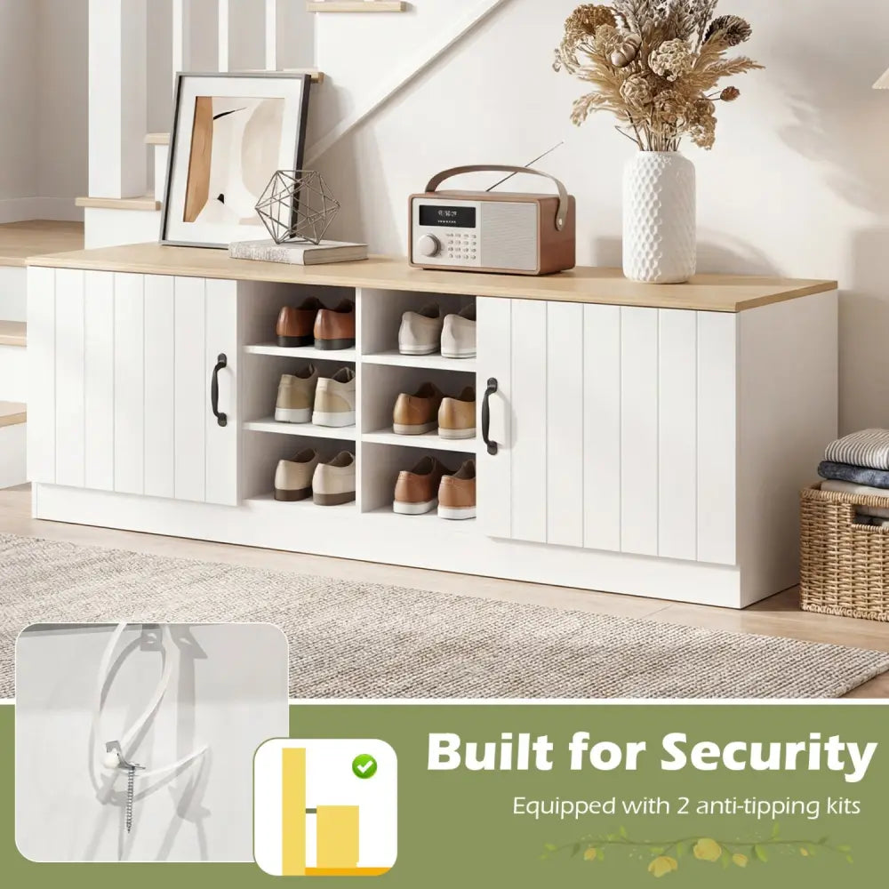 2-Door Shoe Bench Storage Cabinet with Adjustable Shelves-Natural - Natural - Shoe Racks & Storage Benches