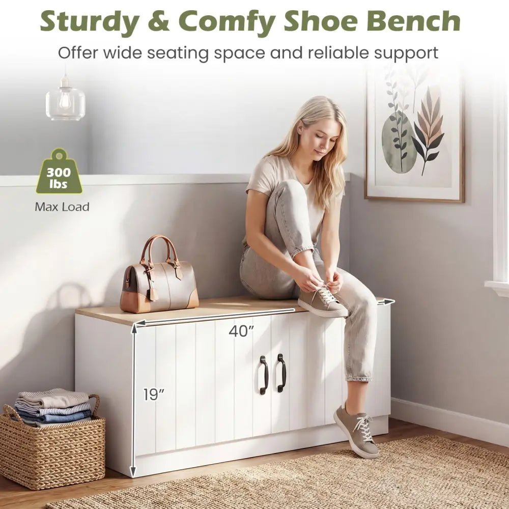 2-Door Shoe Bench Shoe Storage Cabinet with Adjustable Shelves-Natural - Natural - Shoe Racks & Storage Benches