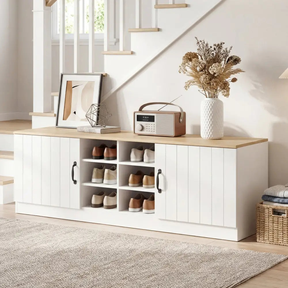 2-Door Shoe Bench Storage Cabinet with Adjustable Shelves-Natural - Natural - Shoe Racks & Storage Benches