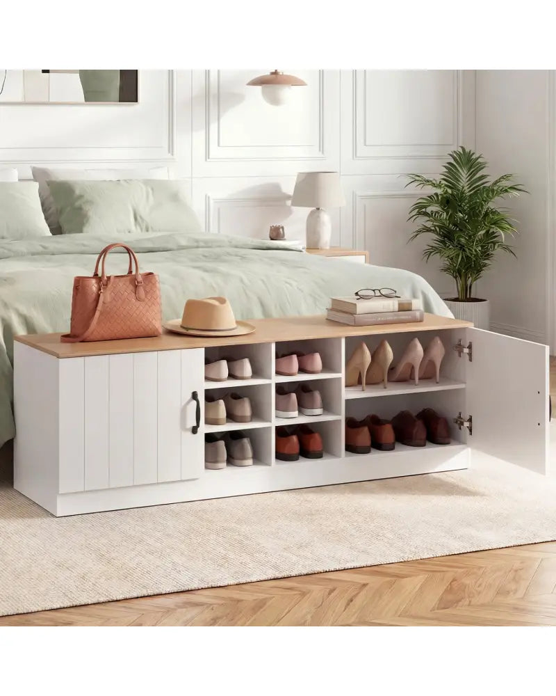 2-Door Shoe Bench Storage Cabinet with Adjustable Shelves-Natural - Natural - Shoe Racks & Storage Benches