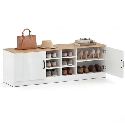 2-Door Shoe Bench Storage Cabinet with Adjustable Shelves-Natural - Natural - Shoe Racks & Storage Benches