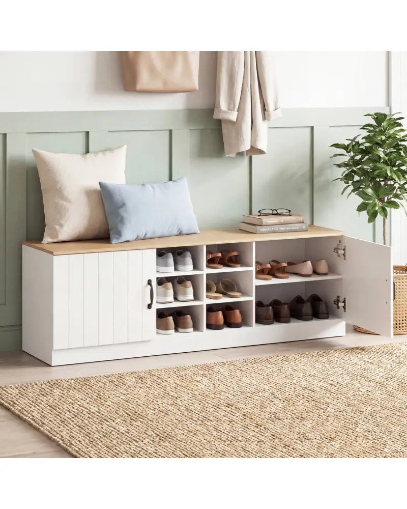 2-Door Shoe Bench Storage Cabinet with Adjustable Shelves-Natural - Natural - Shoe Racks & Storage Benches