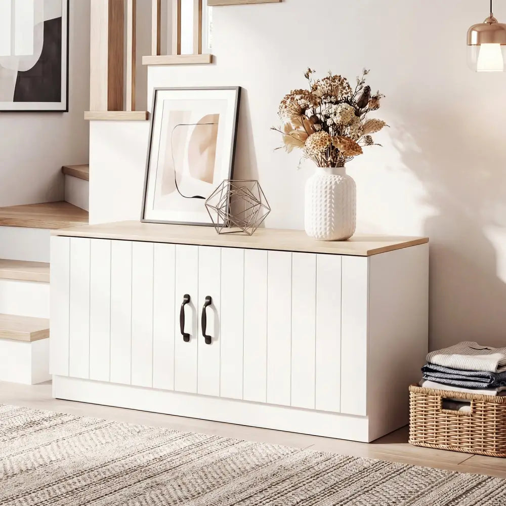 2-Door Shoe Bench Shoe Storage Cabinet with Adjustable Shelves-Natural - Natural - Shoe Racks & Storage Benches