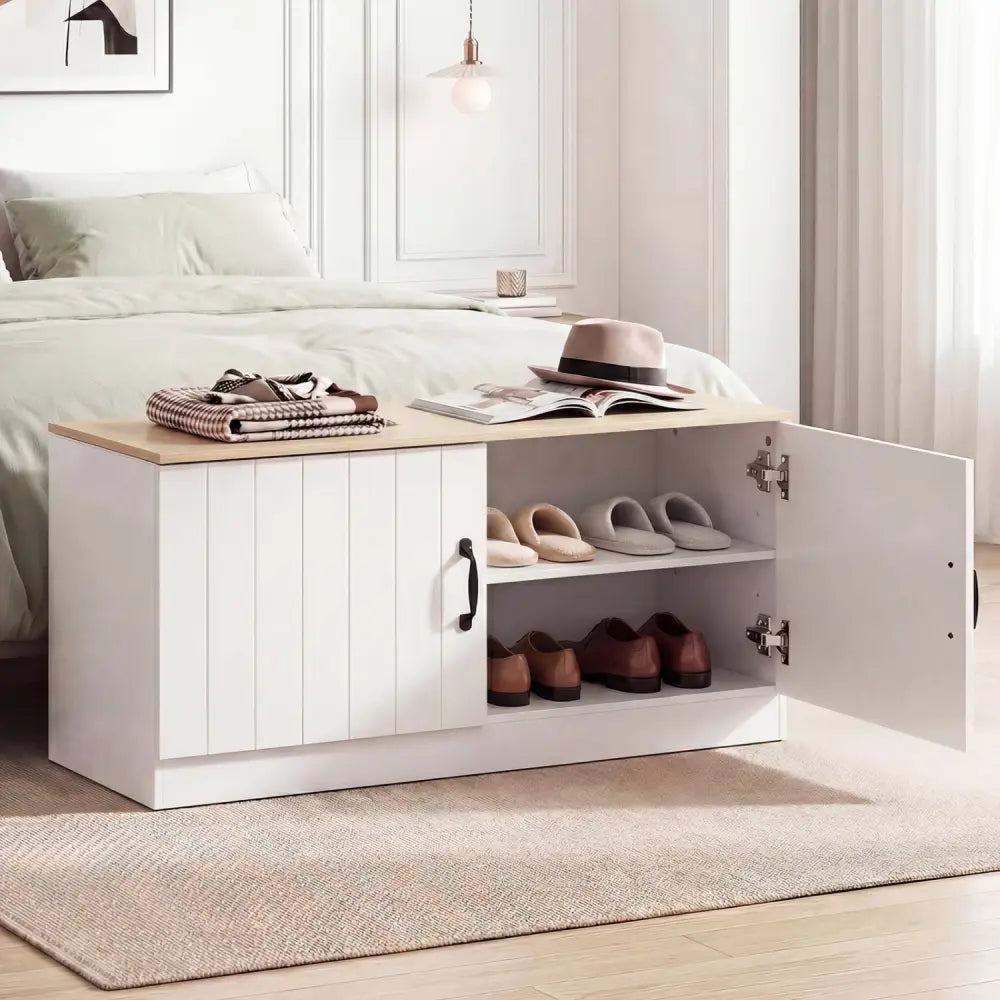 2-Door Shoe Bench Shoe Storage Cabinet with Adjustable Shelves-Natural - Natural - Shoe Racks & Storage Benches