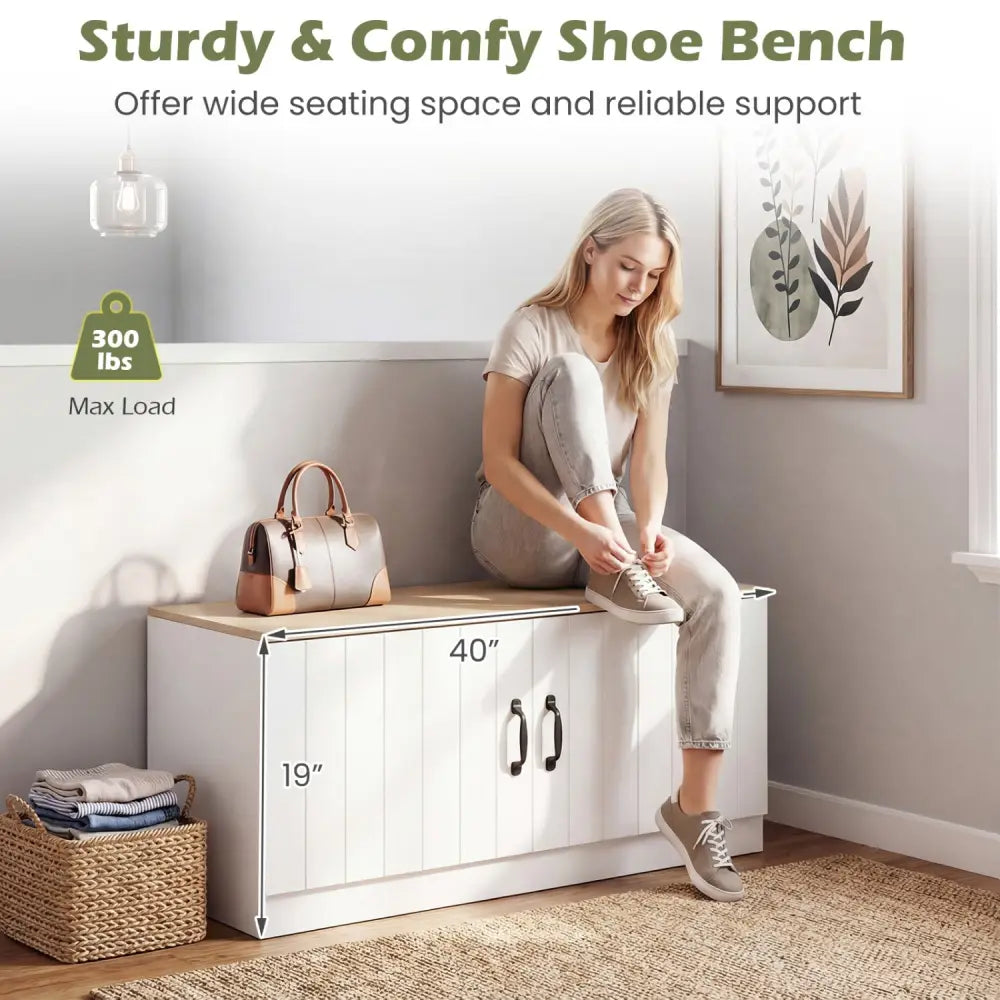 2-Door Shoe Bench Shoe Storage Cabinet with Adjustable Shelves-Natural - Natural - Shoe Racks & Storage Benches
