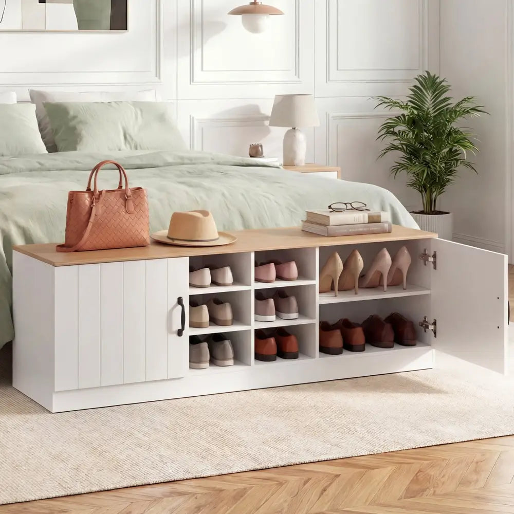 2-Door Shoe Bench Storage Cabinet with Adjustable Shelves-Natural - Natural - Shoe Racks & Storage Benches