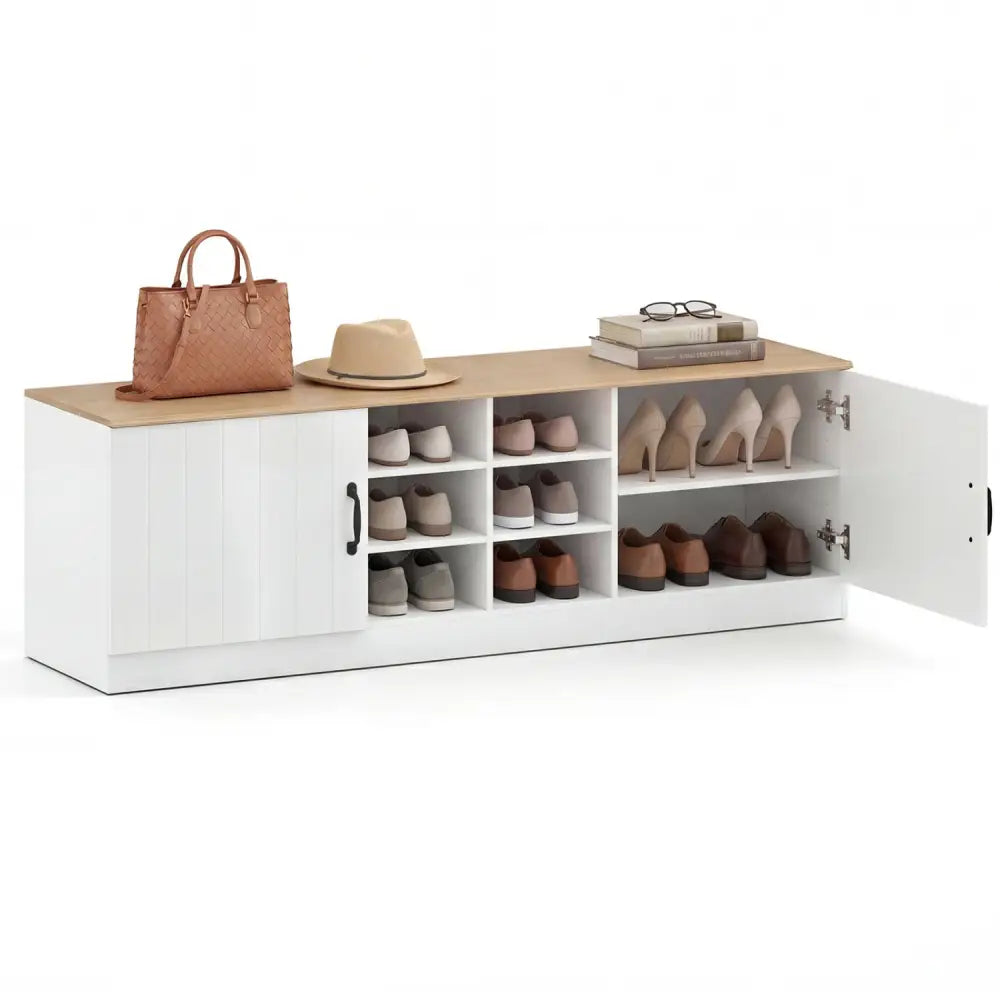 2-Door Shoe Bench Storage Cabinet with Adjustable Shelves-Natural - Natural - Shoe Racks & Storage Benches