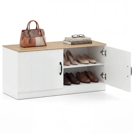 2-Door Shoe Bench Shoe Storage Cabinet with Adjustable Shelves-Natural - Natural - Shoe Racks & Storage Benches