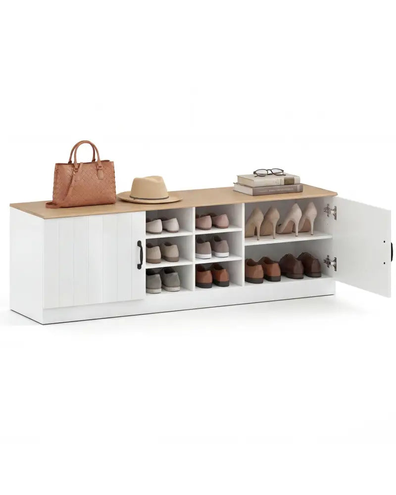2-Door Shoe Bench Storage Cabinet with Adjustable Shelves-Natural - Natural - Shoe Racks & Storage Benches