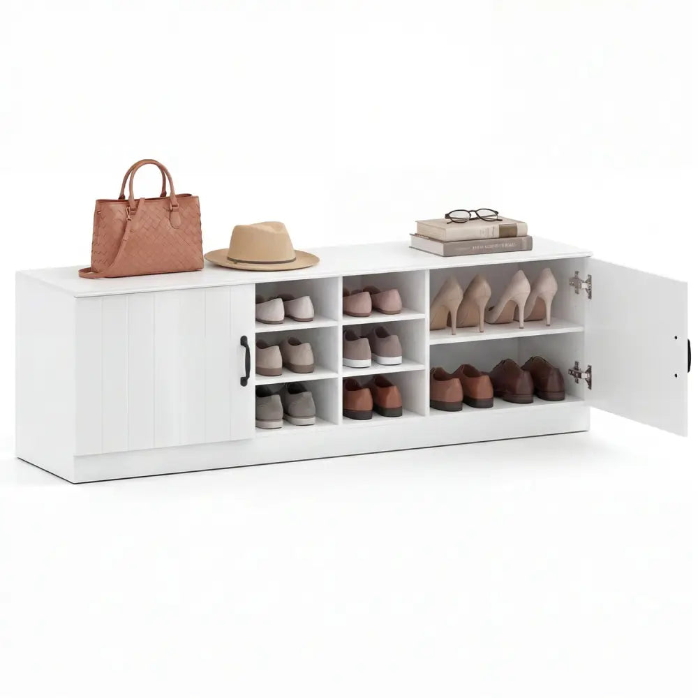 2-Door Shoe Bench Storage Cabinet with Adjustable Shelves-White - White - Shoe Racks & Storage Benches