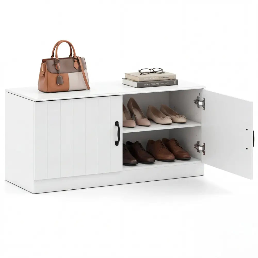 2-Door Shoe Bench Shoe Storage Cabinet with Adjustable Shelves-White - White - Shoe Racks & Storage Benches