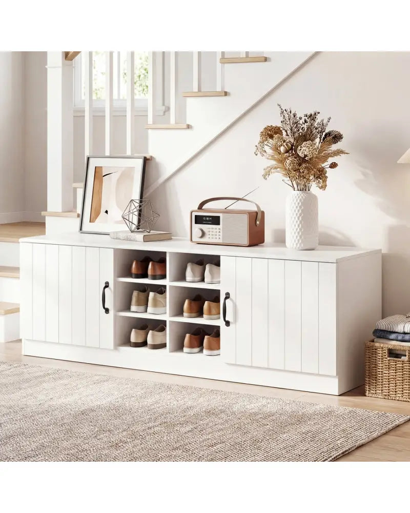 2-Door Shoe Bench Storage Cabinet with Adjustable Shelves-White - White - Shoe Racks & Storage Benches