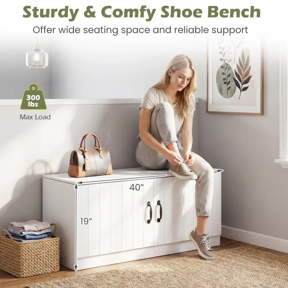 2-Door Shoe Bench Shoe Storage Cabinet with Adjustable Shelves-White - White - Shoe Racks & Storage Benches
