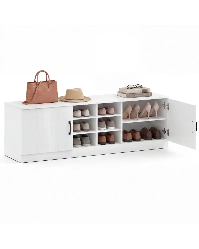 2-Door Shoe Bench Storage Cabinet with Adjustable Shelves-White - White - Shoe Racks & Storage Benches