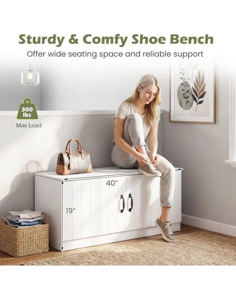 2-Door Shoe Bench Shoe Storage Cabinet with Adjustable Shelves-White - White - Shoe Racks & Storage Benches