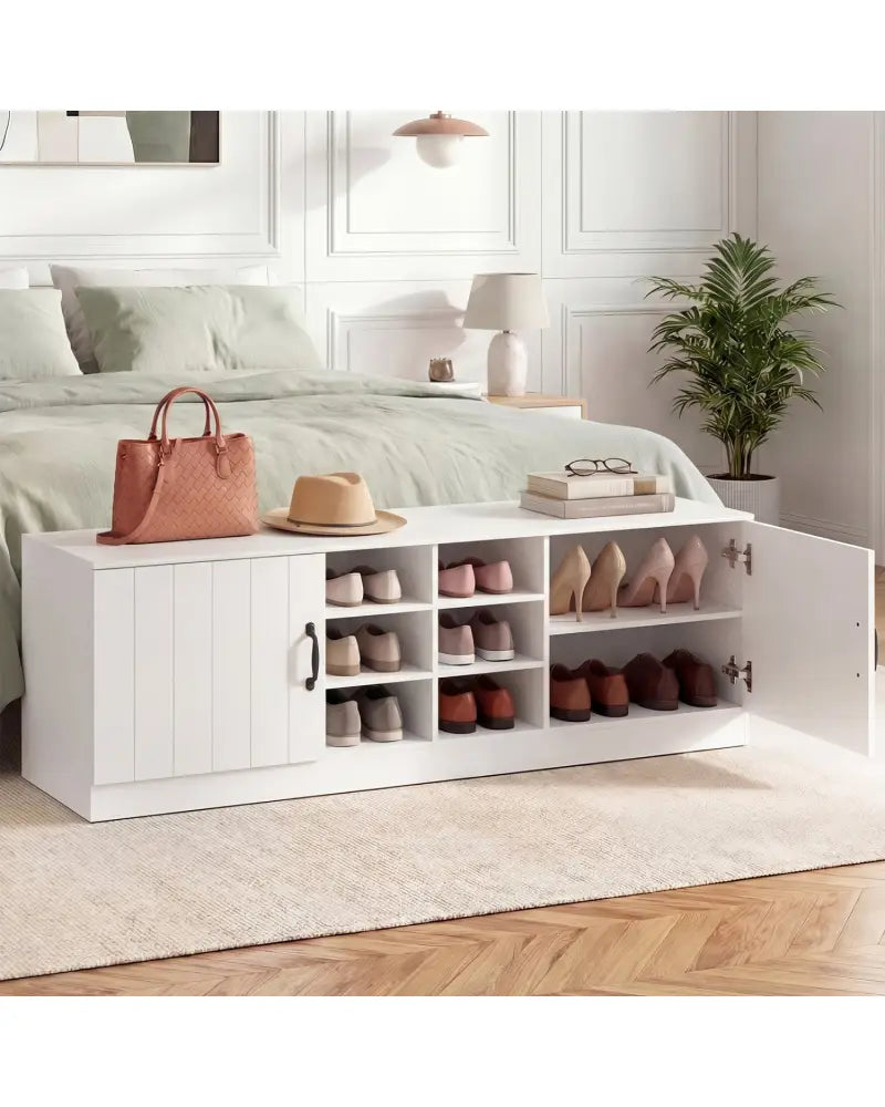 2-Door Shoe Bench Storage Cabinet with Adjustable Shelves-White - White - Shoe Racks & Storage Benches
