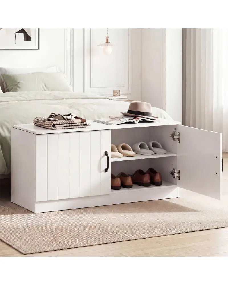 2-Door Shoe Bench Shoe Storage Cabinet with Adjustable Shelves-White - White - Shoe Racks & Storage Benches