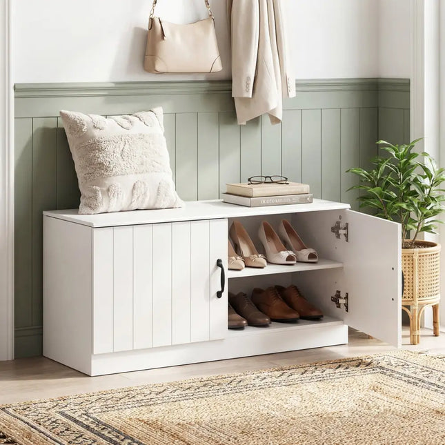 2-Door Shoe Bench Shoe Storage Cabinet with Adjustable Shelves-White - White - Shoe Racks & Storage Benches