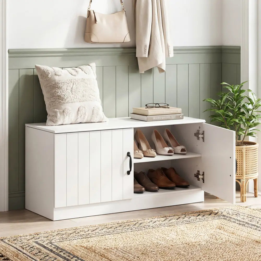 2-Door Shoe Bench Shoe Storage Cabinet with Adjustable Shelves-White - White - Shoe Racks & Storage Benches