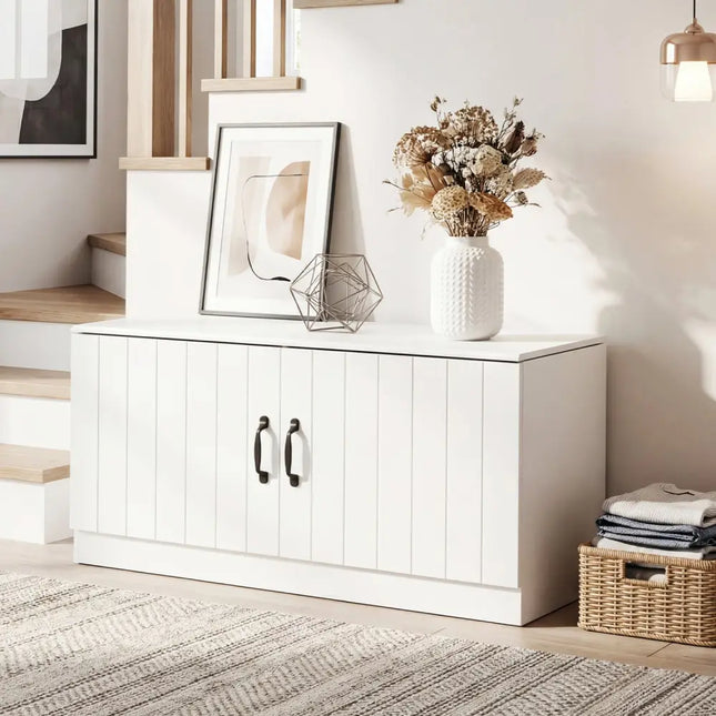 2-Door Shoe Bench Shoe Storage Cabinet with Adjustable Shelves-White - White - Shoe Racks & Storage Benches