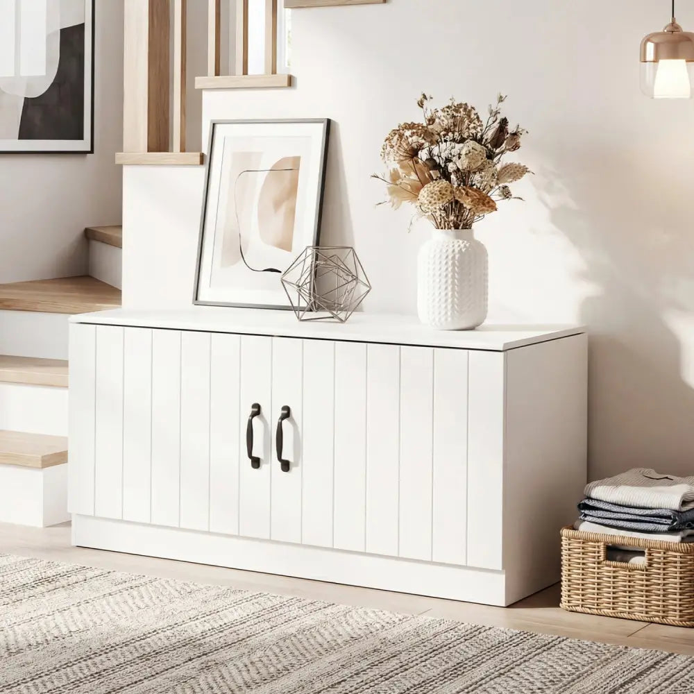 2-Door Shoe Bench Shoe Storage Cabinet with Adjustable Shelves-White - White - Shoe Racks & Storage Benches