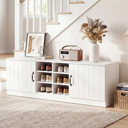 2-Door Shoe Bench Storage Cabinet with Adjustable Shelves-White - White - Shoe Racks & Storage Benches