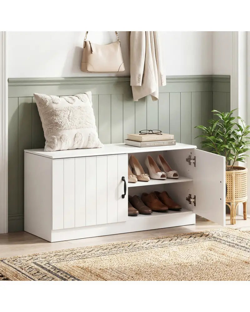 2-Door Shoe Bench Shoe Storage Cabinet with Adjustable Shelves-White - White - Shoe Racks & Storage Benches